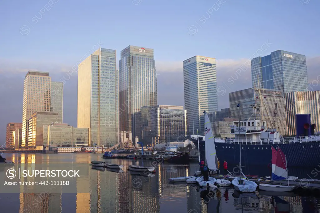 Reflection of buildings in water, Canary Wharf, Docklands, London, England