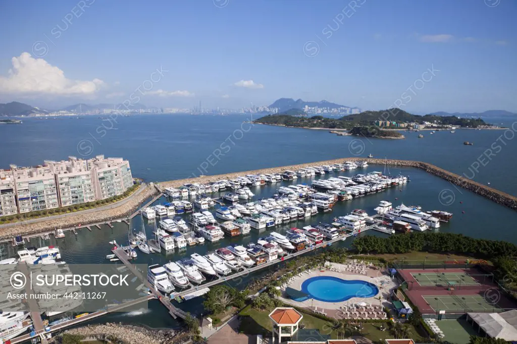 High angle view of a marina, Discovery Bay Marina Club, Hong Kong, China