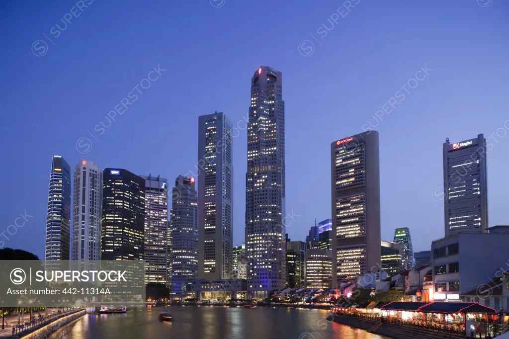 Buildings lit up at night, Singapore River, Singapore City, Singapore