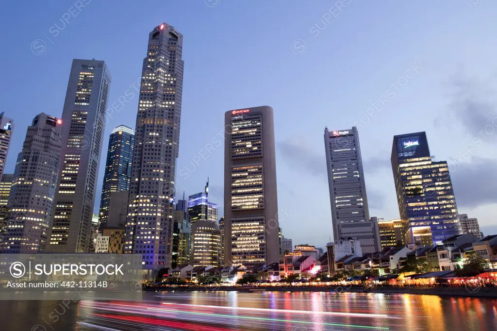 Buildings lit up at night, Singapore River, Singapore City, Singapore