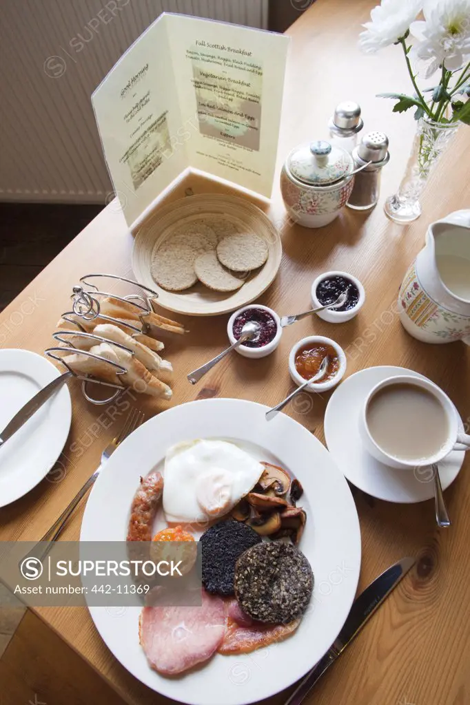 Close-up of traditional Scottish breakfast, Scotland