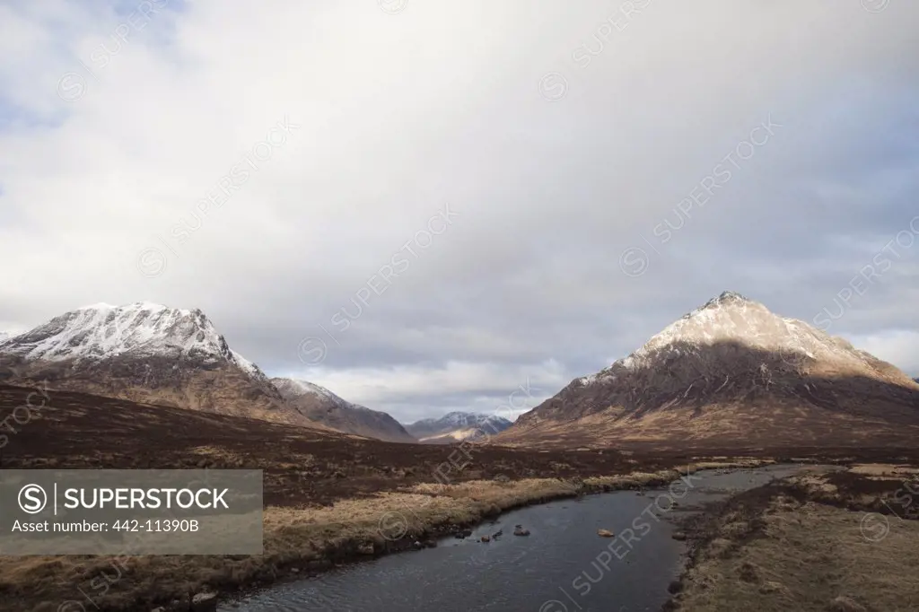River flowing through mountains, Buachaille Etive Mor, Glen Coe, Highlands Region, Scotland