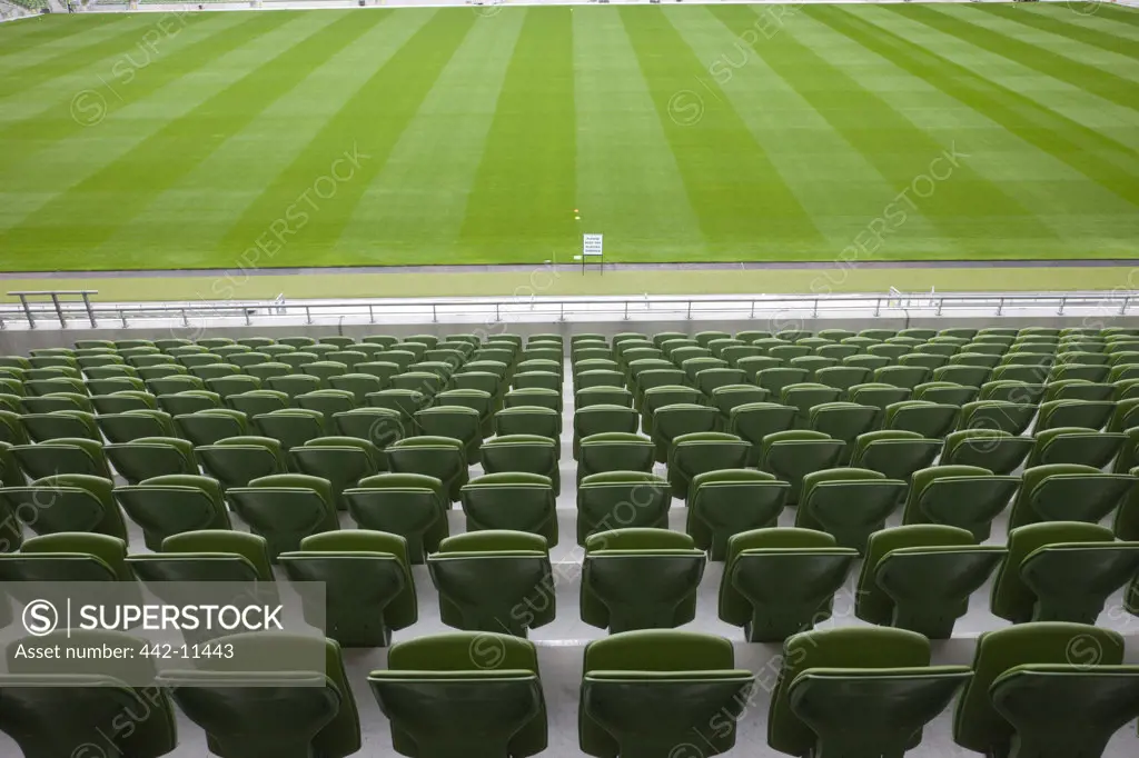 Ireland, Dublin, Empty Seating and Green Field in The Aviva Stadium