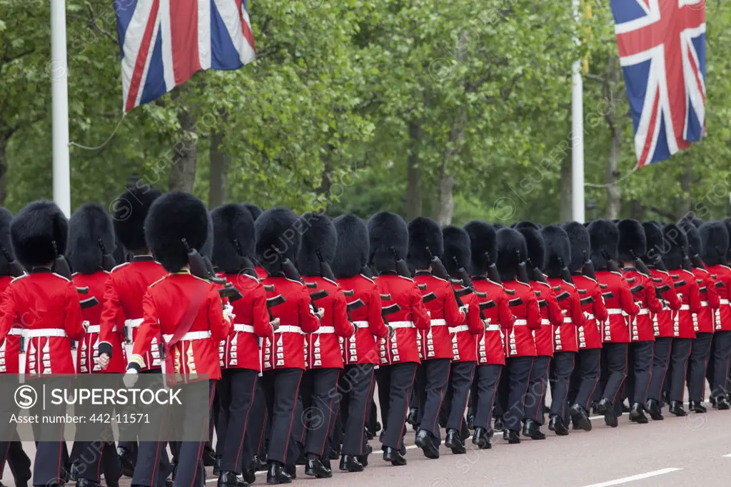 UK, England, London, Changing of the Guard, British Royal Guard marching on street