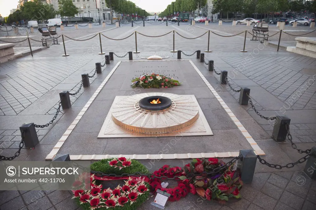 Eternal flame at a war memorial, Arc De Triomphe, Paris, Ile-de-France, France