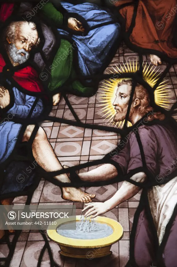 France,Paris,Eglise Saint-Etienne du Mont,Stained Glass Window Depicting Jesus Washing the Feet of his Disciples