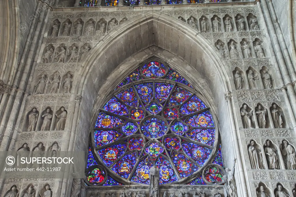 Stained glass window of a cathedral, Reims Cathedral, Reims, Champagne, France