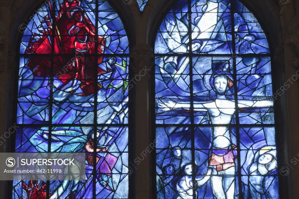 The stained glass window depicting Abraham and Christ by Marc Chagall, Reims Cathedral, Reims, Champagne, France