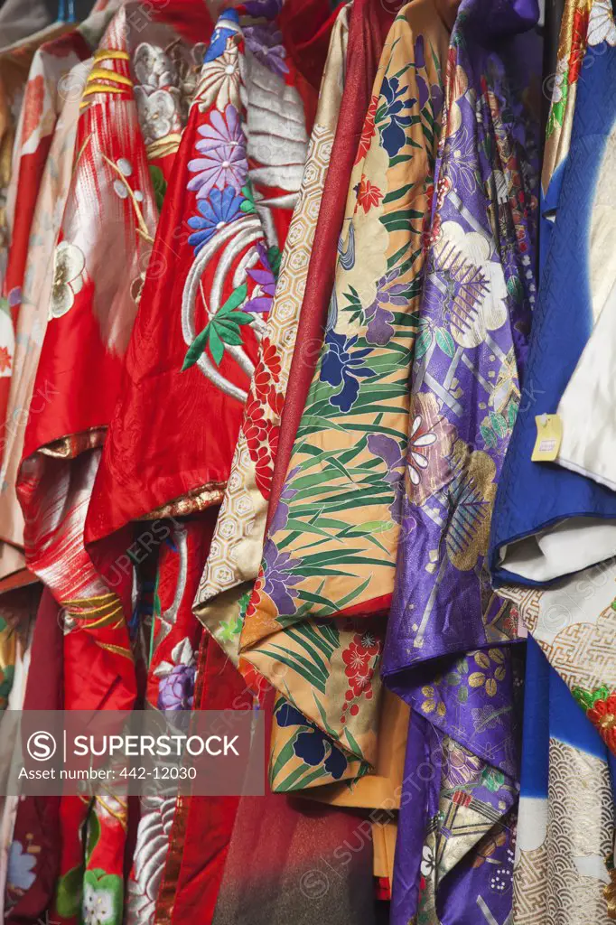 Kimonos hanging at a market stall, Tokyo Prefecture, Japan