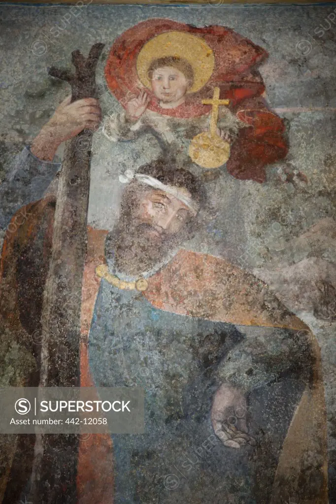 Medieval Painting of St.Christopher at a cathedral, Aachen Cathedral, Aachen, North Rhine Westphalia, Germany