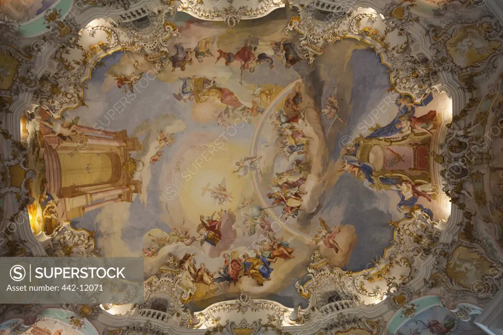 Details of the ceiling of a cathedral, Wieskirche Church, Steingaden, Weilheim-Schongau, Bavaria, Germany