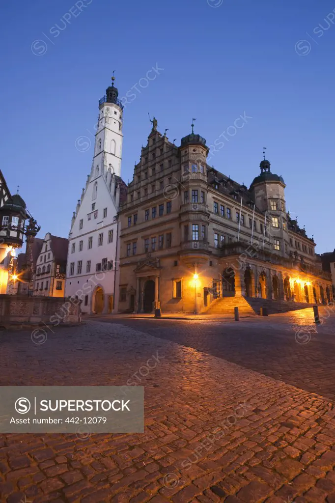 Buildings in a city at dusk, Rothenburg, Franconia, Bavaria, Germany