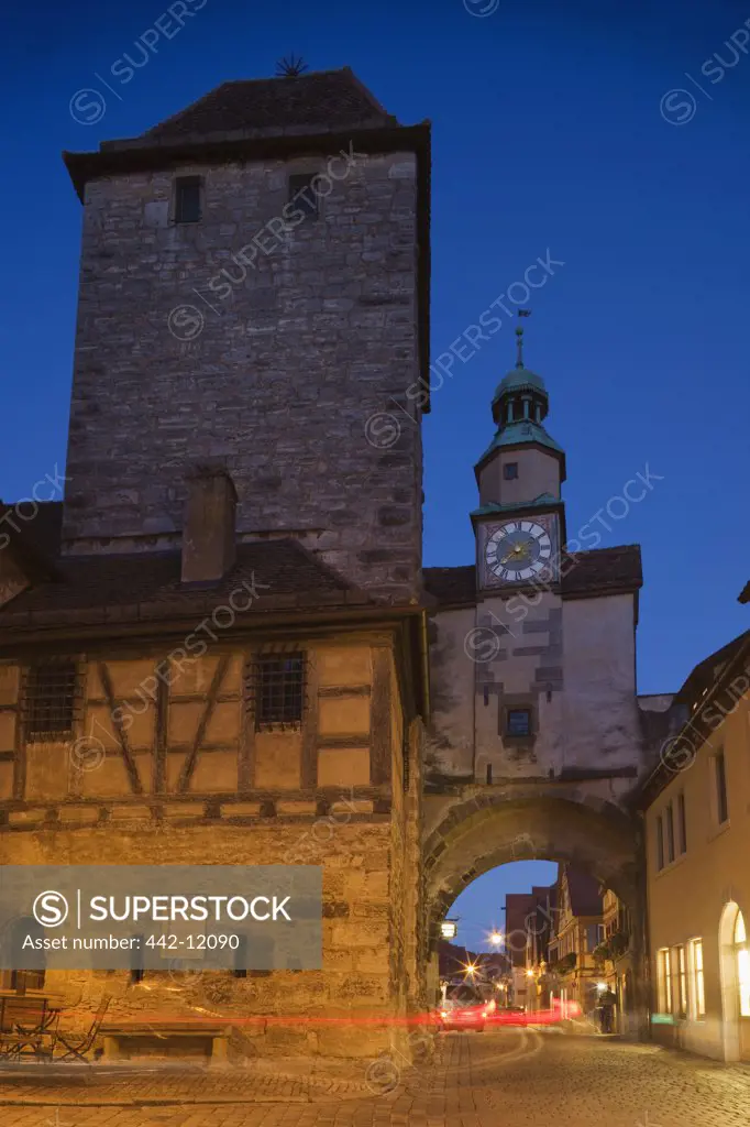 Markus Tower and Roder Arch at dusk, Rothenburg, Franconia, Bavaria, Germany