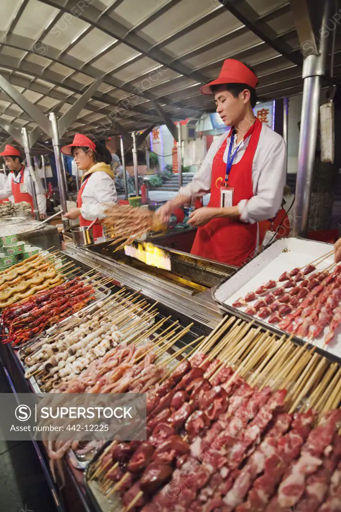 Seafood at a market stall, Donghuamen Night Market, Wangfujing, Dongcheng District, Beijing, China