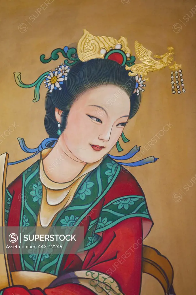 Mural of a woman on a wall, Buddhist Fragrance Pavilion, Summer Palace, Beijing, China