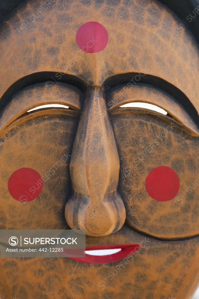 Close-up of a traditional wooden mask, Seoul, South Korea