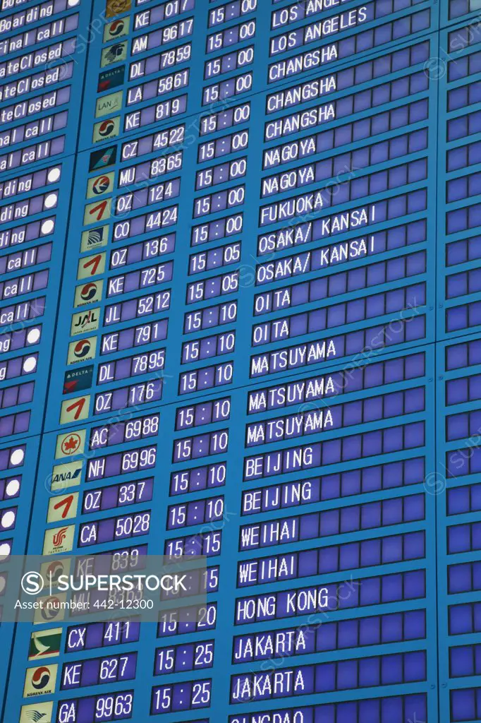 Arrival departure board at an airport, Incheon International Airport, Seoul, South Korea