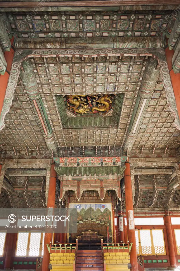 Ceremonial throne in Junghwajeon Hall, Deoksugung Palace, Seoul, South Korea