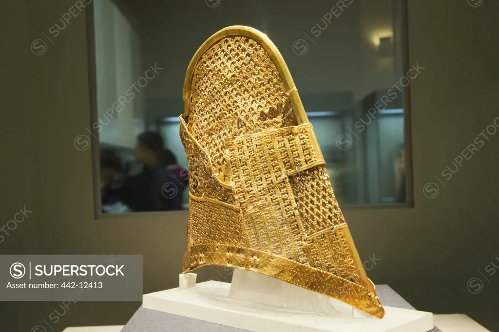 Golden cap in a museum, Gyeongju National Museum, Gyeongju, South Korea