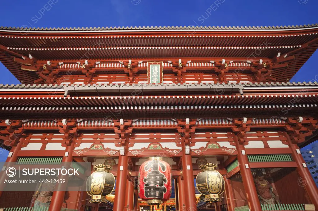 Low angle view of a temple, Asakusa Kannon Temple, Asakusa, Tokyo Prefecture, Kanto Region, Honshu, Japan