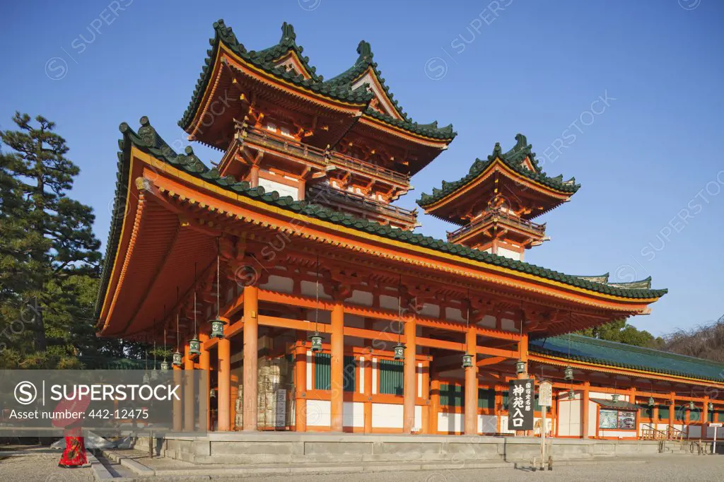 Low angle view of a shrine, Heian Jingu Shrine, Kyoto Prefecture, Kinki Region, Honshu, Japan