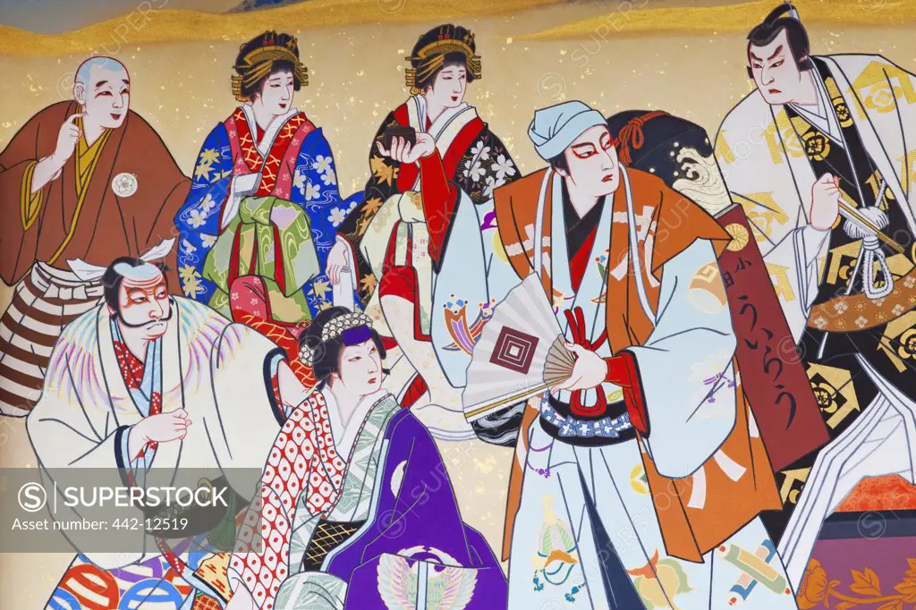 Details of Ukiyo-e painting depicting Kabuki Characters, Minami-za Theatre, Kyoto Prefecture, Kinki Region, Honshu, Japan
