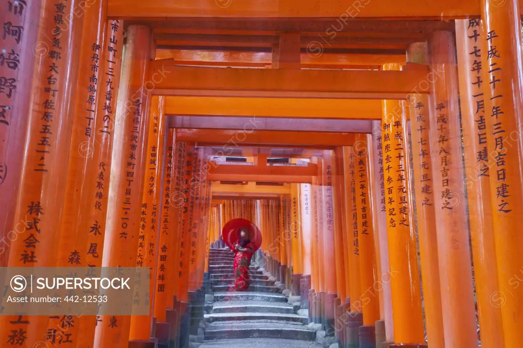 Woman walking in the tunnel of a Torii gate, Fushimi Inari Shrine, Kyoto Prefecture, Kinki Region, Honshu, Japan
