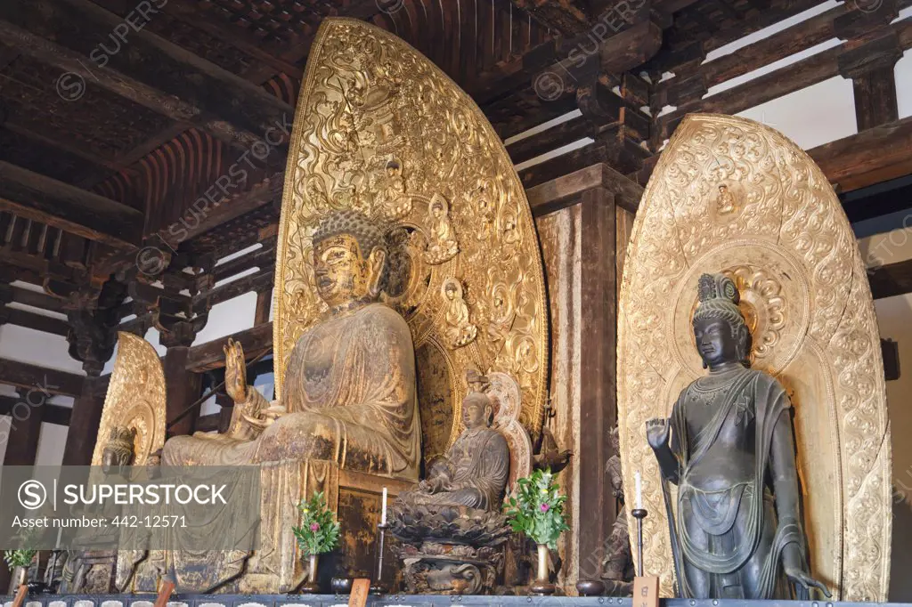 Statues of Buddha in a temple, Kofuku-ji, Nara city, Nara Prefecture, Kinki Region, Honshu, Japan