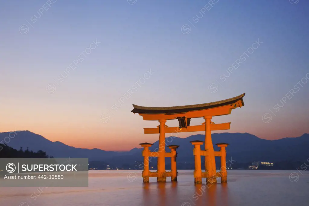 Torii gate at dusk, Itsukushima Shrine, Miyajima, Itsukushima, Hiroshima Prefecture, Chugoku Region, Honshu, Japan