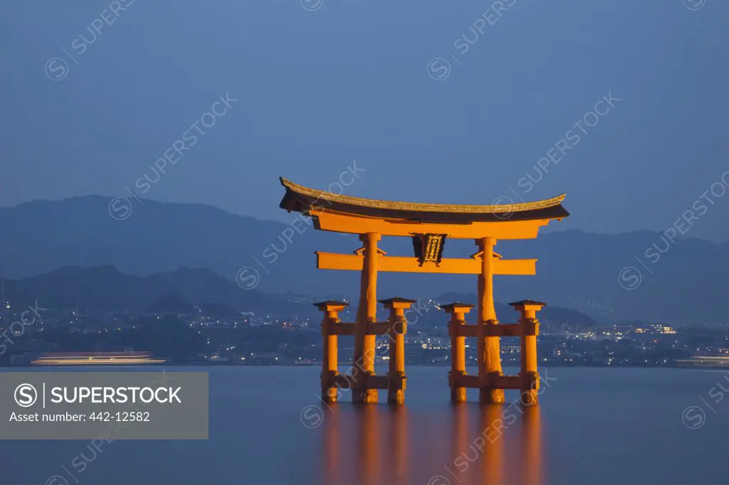 Torii gate at dusk, Itsukushima Shrine, Miyajima, Itsukushima, Hiroshima Prefecture, Chugoku Region, Honshu, Japan