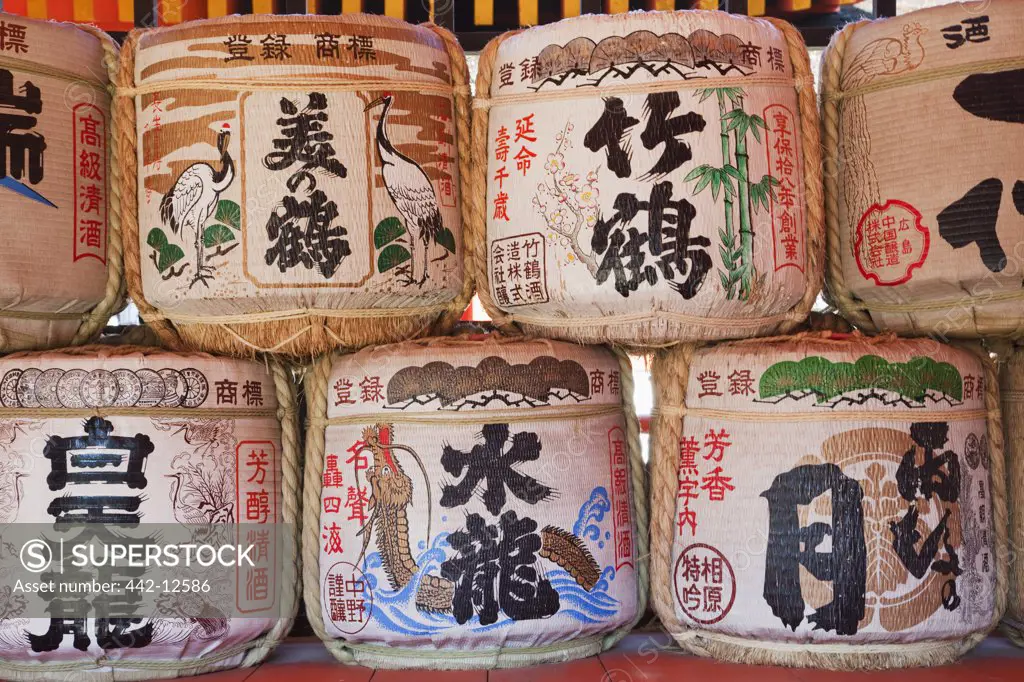Traditional sake barrels at a shrine, Itsukushima Shrine, Miyajima, Itsukushima, Hiroshima Prefecture, Chugoku Region, Honshu, Japan