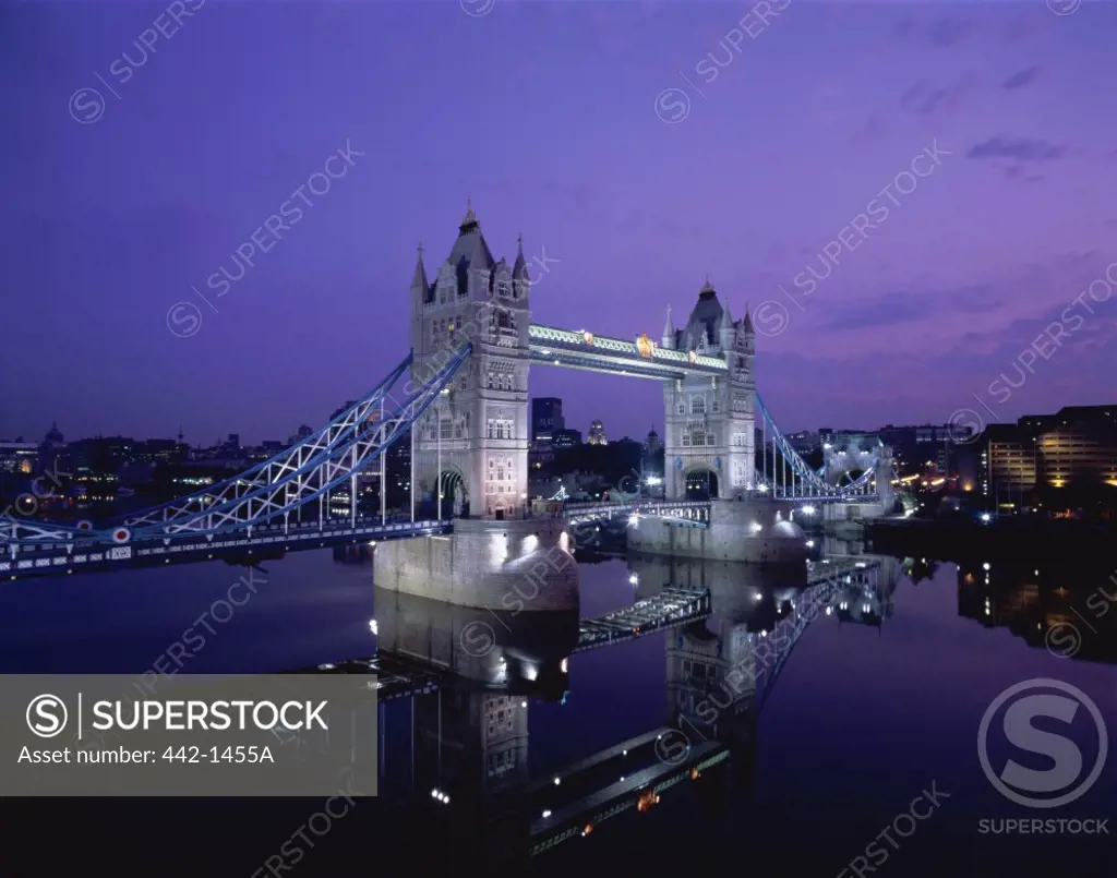 Bridge lit up at night, Tower Bridge, London, England