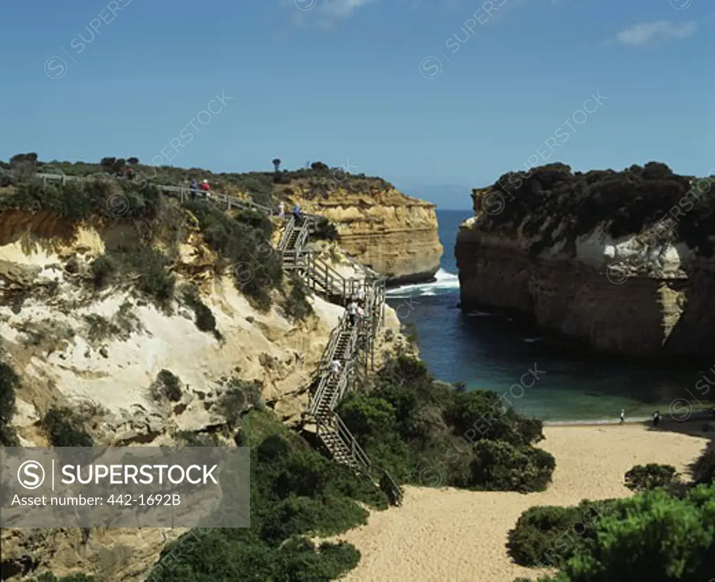 High angle view of rock formations on the coast, Loch Ard Gorge, Port Cambell National Park, Victoria, Australia