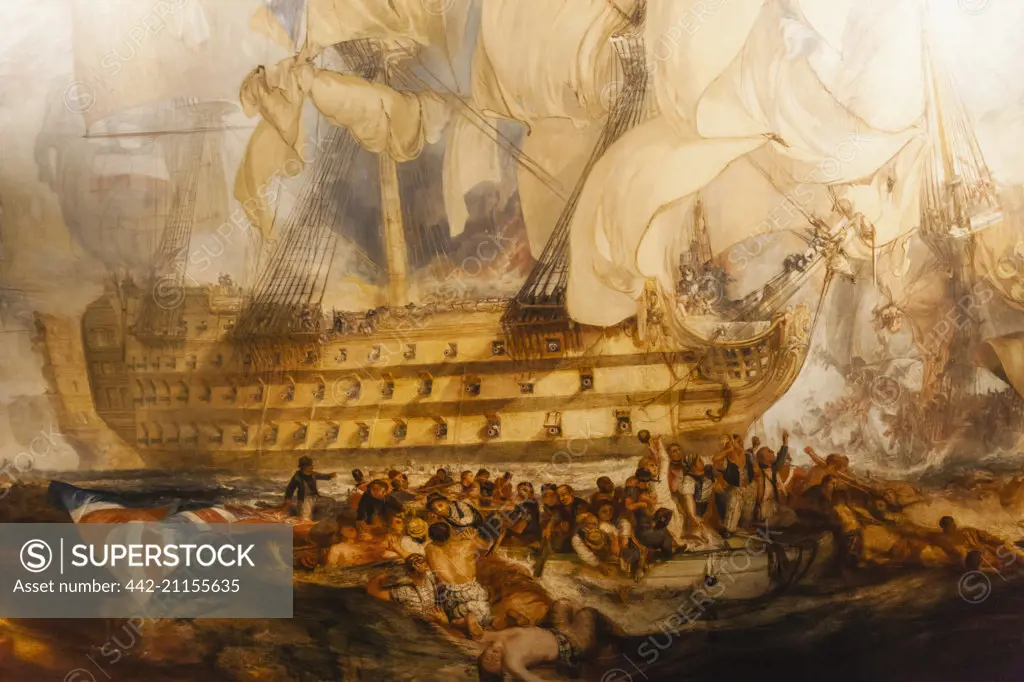 England, London, Greenwich, National Maritime Museum,Painting of The Battle of Trafalgar 1805 by JMW Turner dated 1822