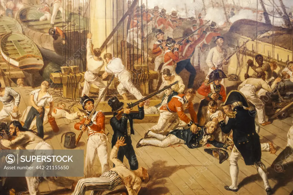 England, London, Greenwich, National Maritime Museum, Painting depicting The Fall of Nelson at The Battle of Trafalgar by Denis Dighton dated 1825