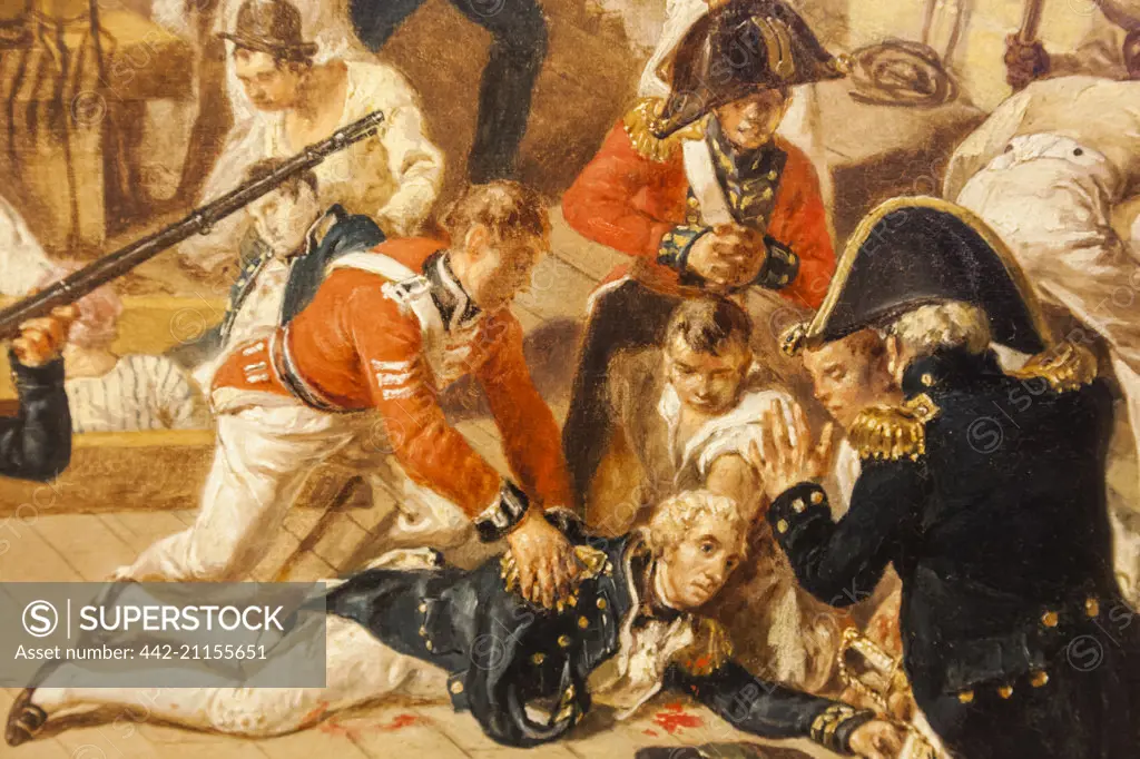 England, London, Greenwich, National Maritime Museum, Painting depicting The Fall of Nelson at The Battle of Trafalgar by Denis Dighton dated 1825