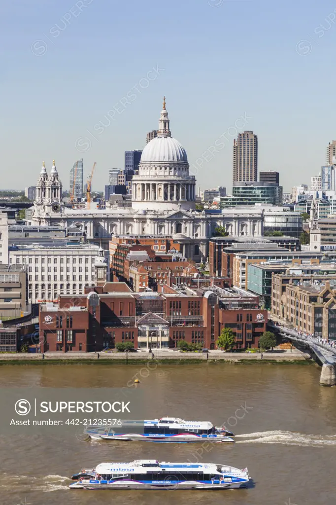 England, London, Aerial View of St Pauls Cathedral and River Thames