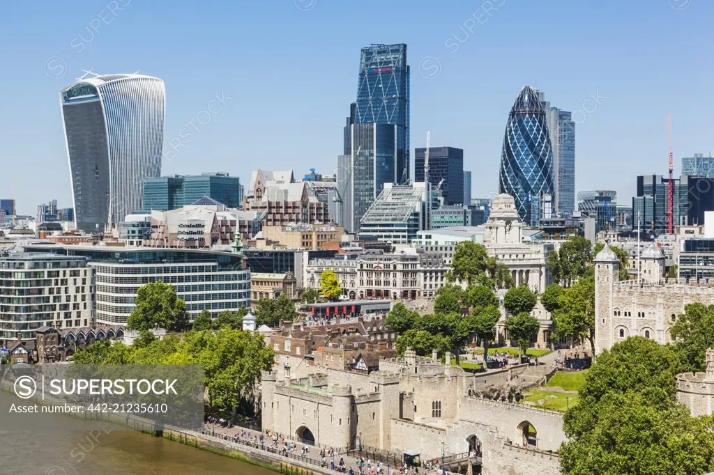 England, London, City Skyline and Thames River from Tower Bridge