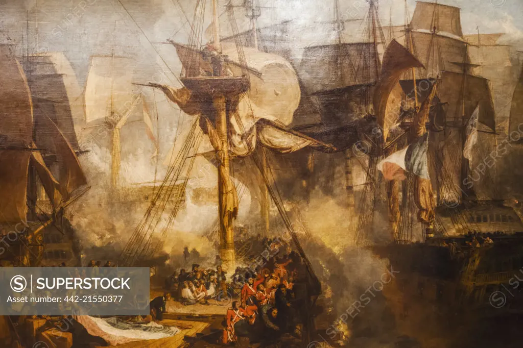 Painting titled The Battle of Trafalgar by JMW Turner dated 1806