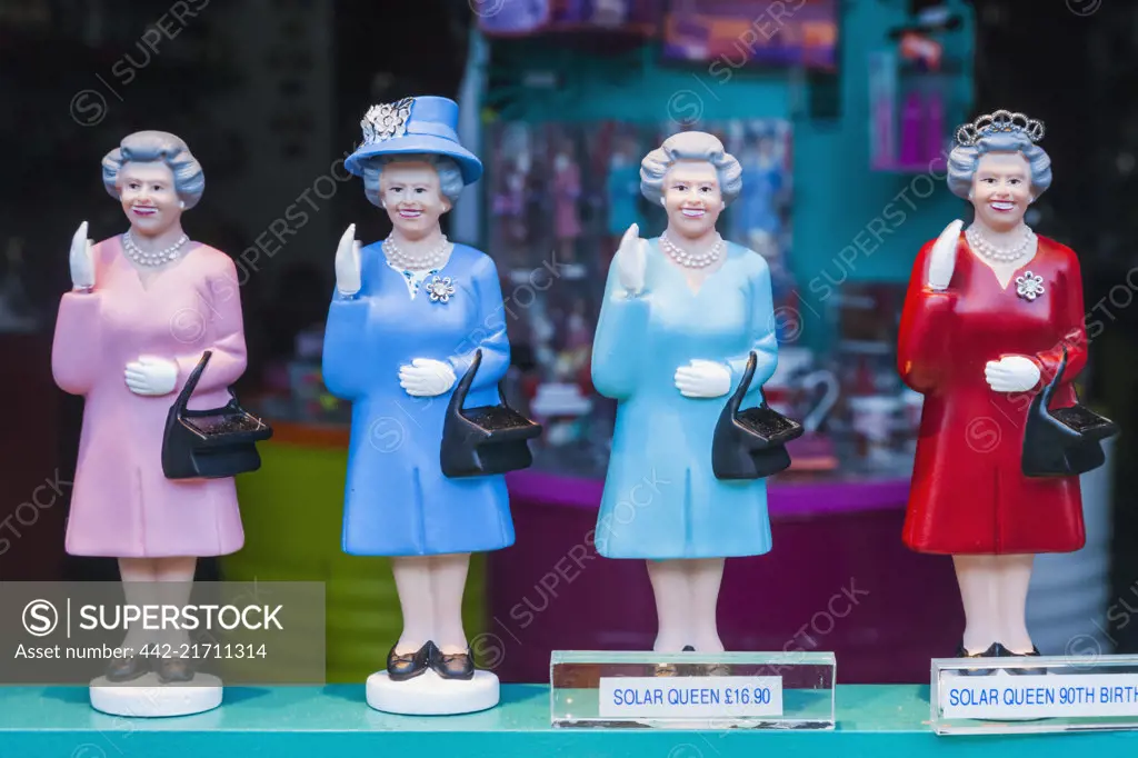 England, London, Nottinghill, Portobello Road, Souvenir Shop Display of Models of Queen Elizabeth II