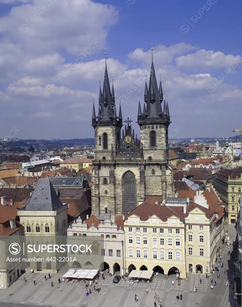 Aerial view of a group of people in front of a church, Old Town Square, Prague, Czech Republic