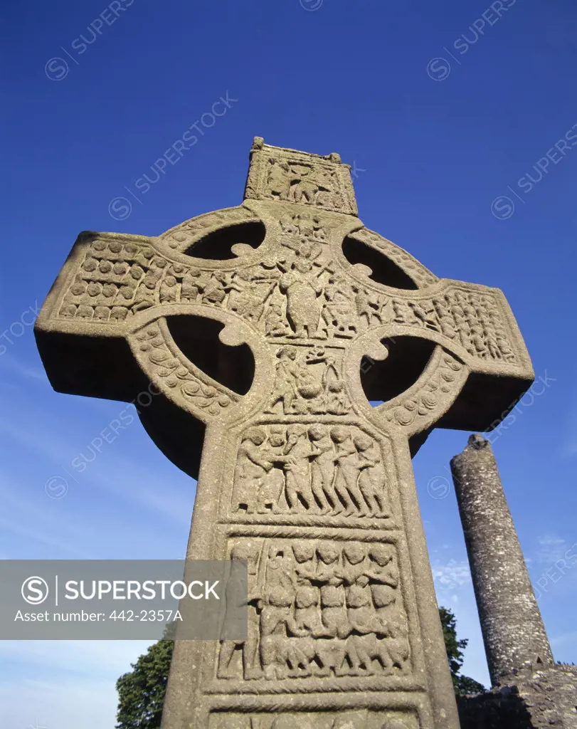 Low angle view of a Celtic cross, Muiredachs Celtic Cross, Monasterboice, County Louth, Ireland