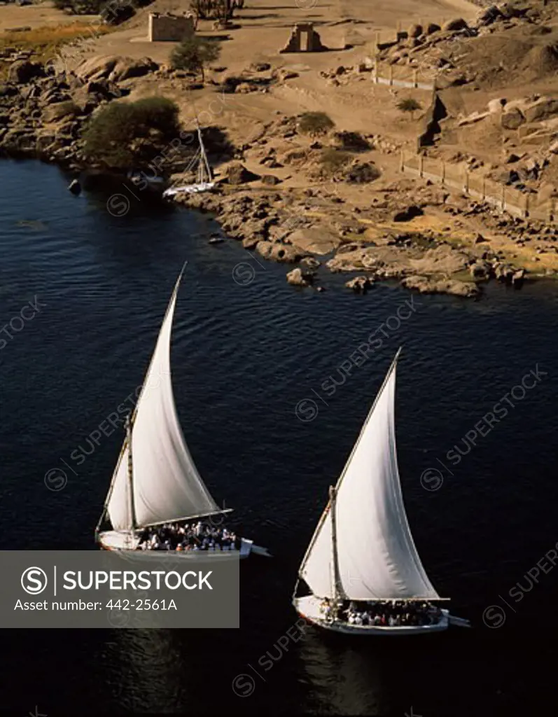 High angle view of two sailboats in a river, Nile River, Egypt