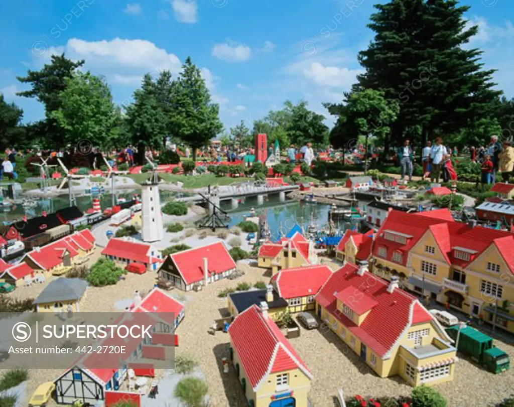 High angle view of a model of a village and canal, Legoland, Billund, Denmark