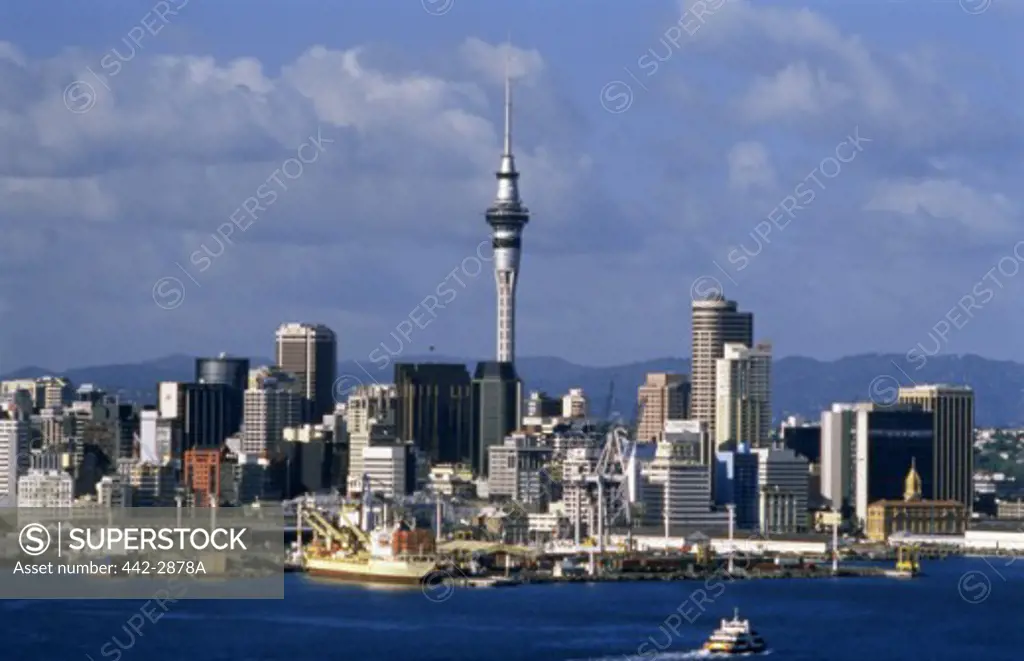 Skyscrapers on the waterfront, Sky Tower, Waitemata Harbor, Auckland, North Island, New Zealand
