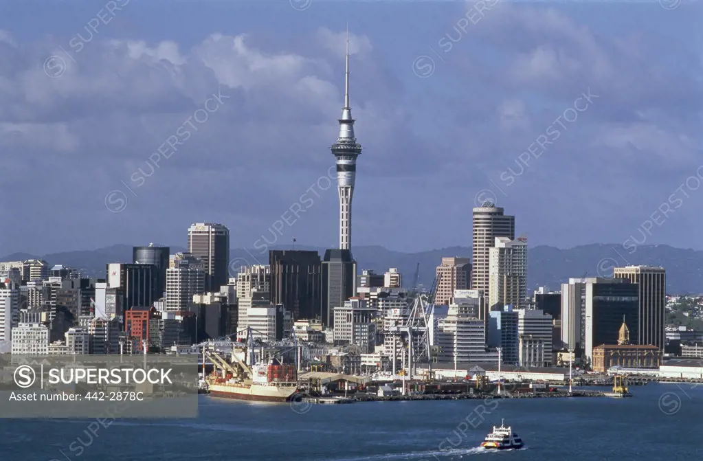 Skyscrapers on a waterfront, Sky Tower, Waitemata Harbor, Auckland, New Zealand