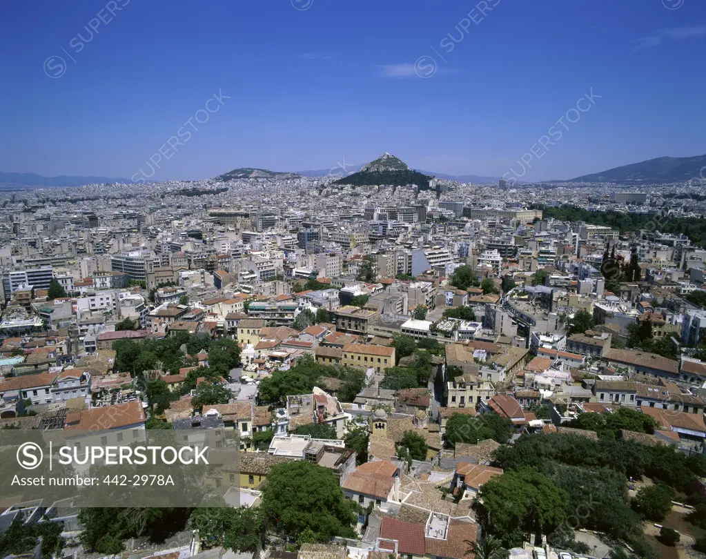 Aerial view of buildings in a city, Athens, Greece