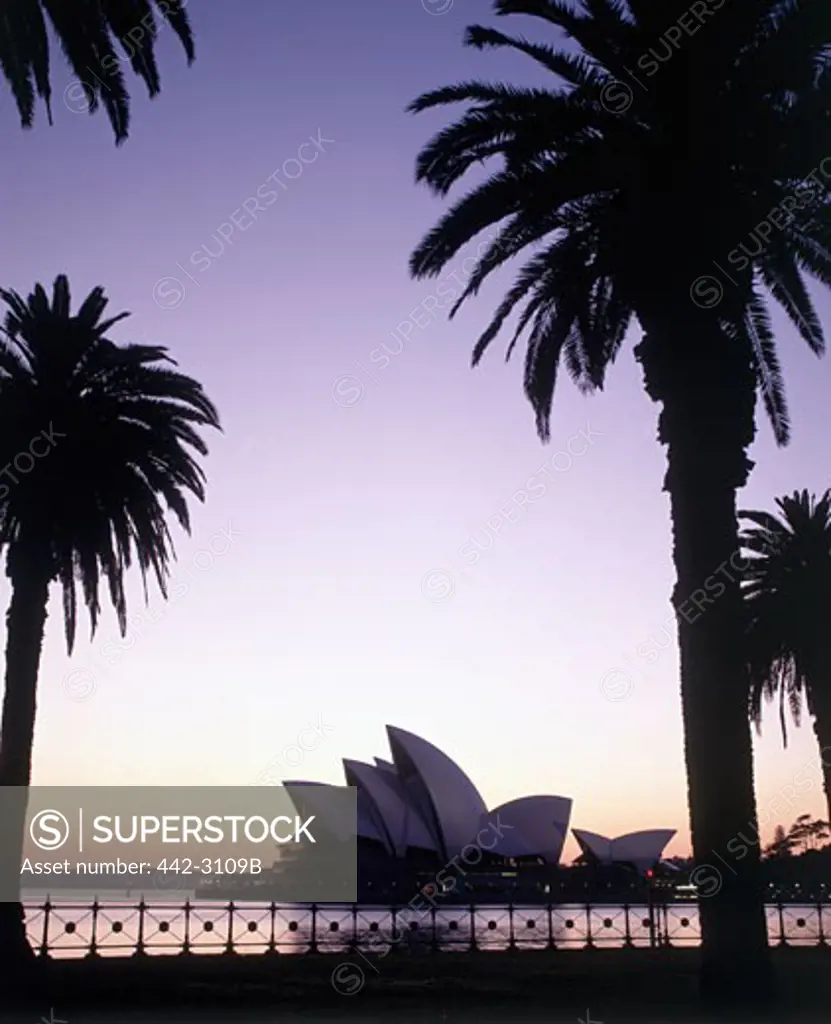 Silhouette of a opera house at dusk, Sydney Opera House, Sydney, Australia
