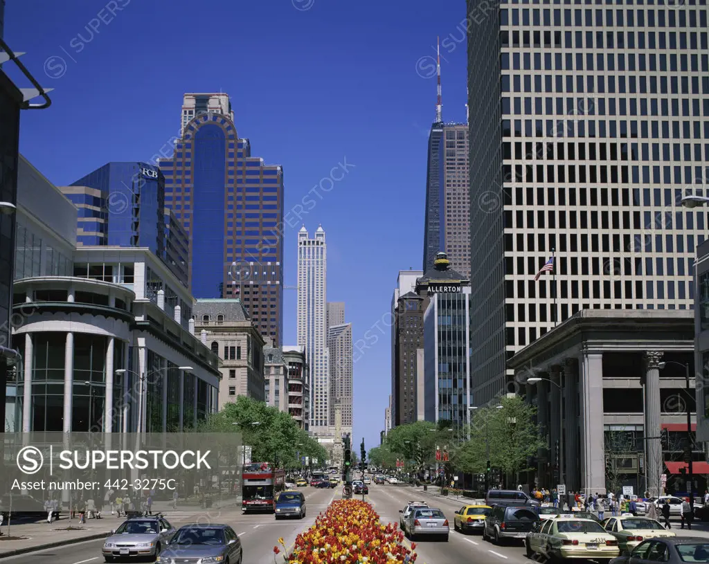 Buildings along a road, Michigan Avenue, Chicago, Illinois, USA