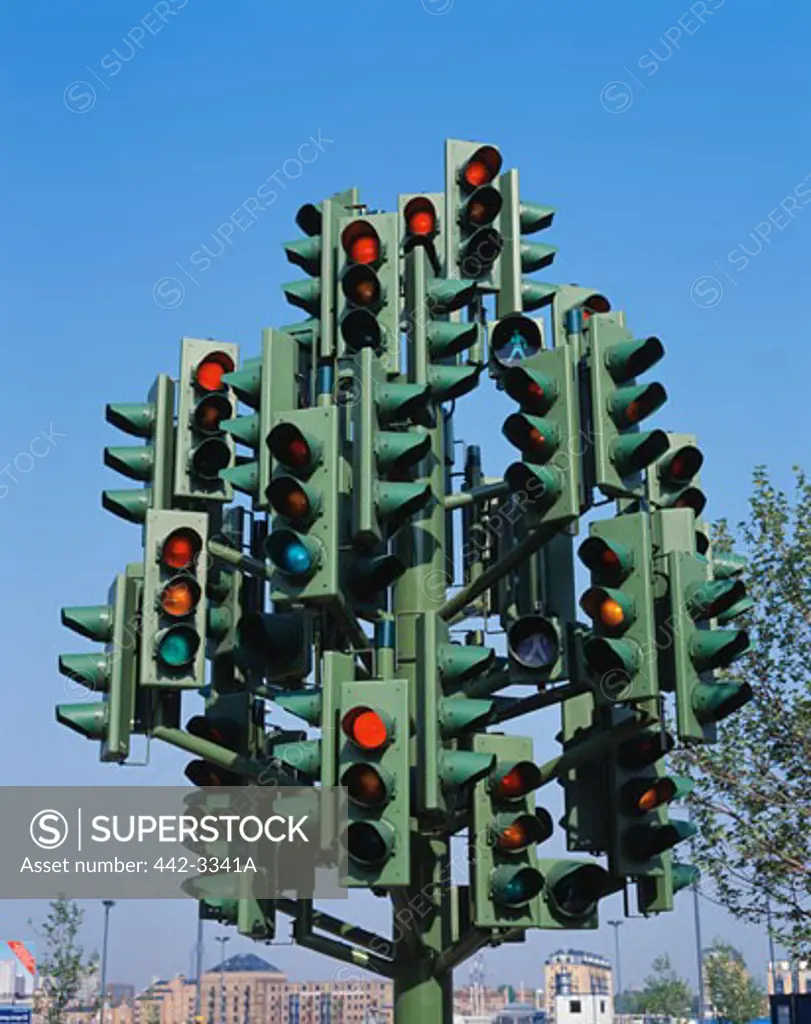 Low angle view of traffic lights, London, England